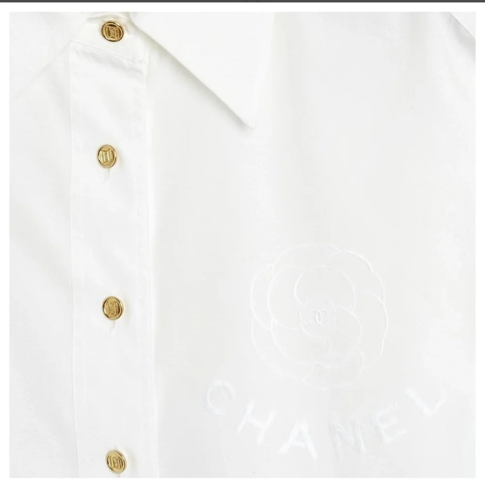 Chanel White Dress Shirt for with CHANEL Embroidery Sz S